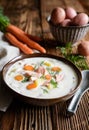 Lohikeitto, traditional salmon soup with potato, carrot and dill